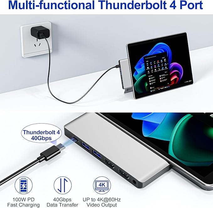 Surface Pro 9/10/11 Docking Station - 8-in-1 Triple Display Surface Pro 9/10/11 Accessories Adapter with Dual HDMI 4K 1x USB C (100W 40Gbps) 2x USB 3.0 SD/Micro SD Card Reader and 3.5mm Audio Jack