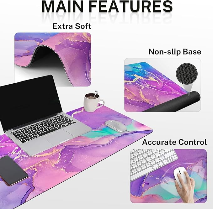 Arttown Purple Blue Marble Desk Mat Painting Golden Mouse Pad Set with Wrist Support 4-in-1 Large Mousepad+Keyboard Wrist Rest+Mouse Wrist Rest+Coaster with Ergonomic Design Non-Slip Mat