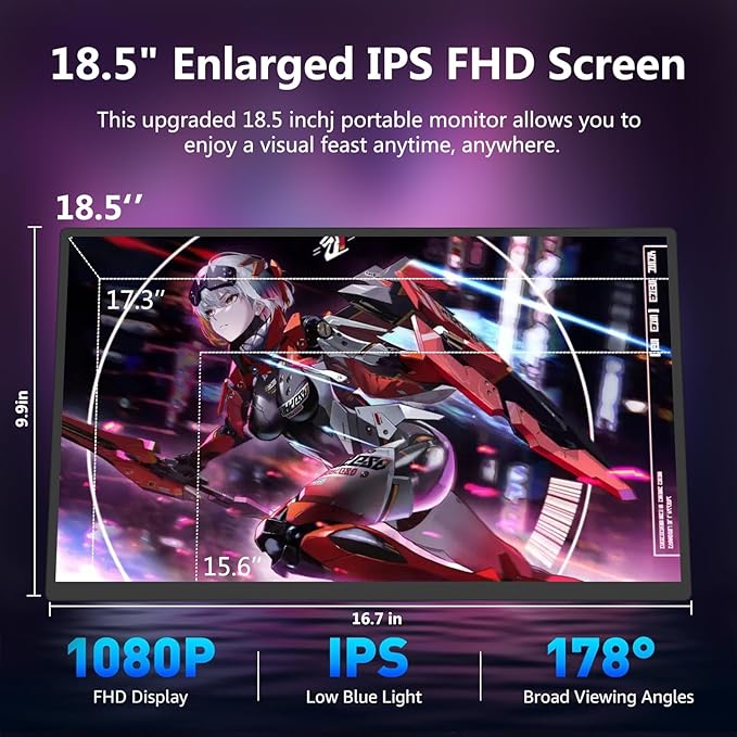18.5 inch Portable Monitor + Sleeve 120Hz 1080P100% sRGB FHD HDR USB HDMI with VESA Ultra Slim Portable Laptop Office Monitorfor Computer Switch Phone Game Devices