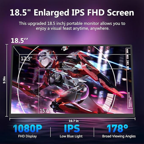 18.5 inch Portable Monitor + Sleeve 120Hz 1080P100% sRGB FHD HDR USB HDMI with VESA Ultra Slim Portable Laptop Office Monitorfor Computer Switch Phone Game Devices