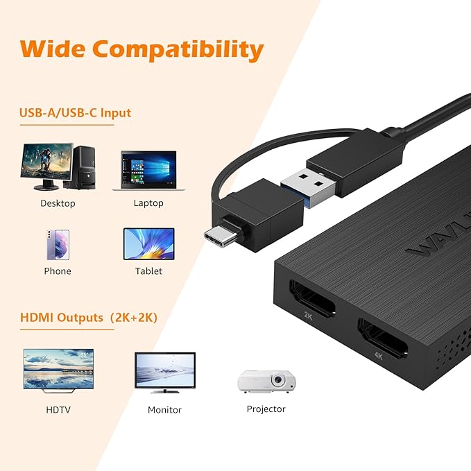 WAVLINK USB 3.0 or USB C to HDMI Adapter HDMI Splitter for Dual Monitors Universal Video Graphics for Thunderbolt 3/4 USB 4 Windows Mac OS