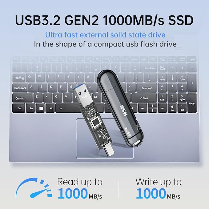 SSK USB Flash Drive 256GB SSD External TLC NAND Solid State Drive Dual USBC USBA Port Up to 1000MB/s High-Speed Portable 256GB USB Thumb Drive Stick for iPhone 15/16/17 Pro Mac Android PC Backup