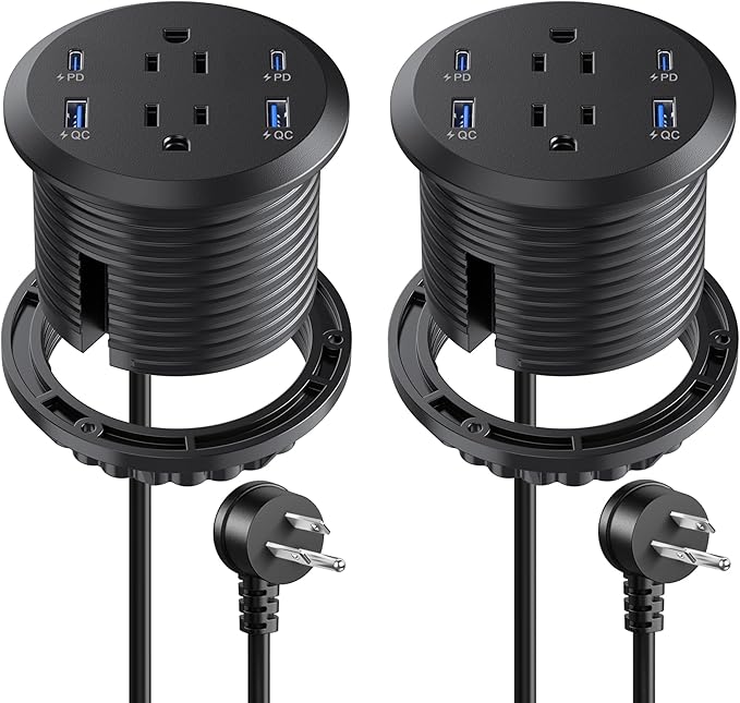 3 inch Desktop Power Grommet USB C65W Fast Charging StationFurniture Recessed Power Strip2 Outlets4 USB PortsFlush-Mount for Desktop Workspace Essential Desk Outlet2 Pack (Black)