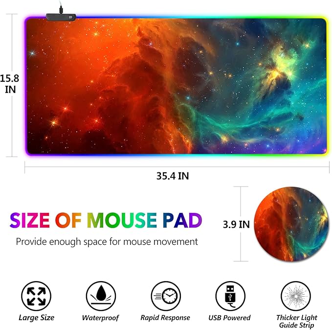 AIMSA Large RGB Gaming Mouse Pad Keyboard Mousepad Led Extended 35.4 x 15.8 inch Non-Slip Rubber Base with 14 Lighting Modes Big Desk Mat Waterproof Galaxy Nebula