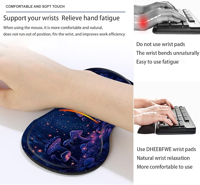 Keyboard Mouse Pad SetLarge Desk Pad+Keyboard Wrist Rest+Mouse Wrist Support+CoasterEasy Typing Pain Relief Non-Slip Wrist Support Mousepad Set Home OfficeGlowing Mushrooms