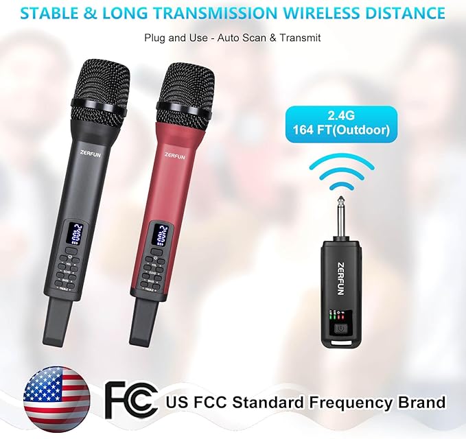 Dual Rechargeable Wireless Microphones Pro Handheld Cordless Mics System with Echo Treble BASS VOL Control for Karaoke Singing Church Party 1/4'' Output Grey&ampRed