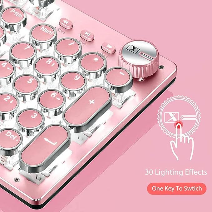 Basaltech Mechanical Gaming Keyboard and Mouse Combo Retro Steampunk Vintage Typewriter-Style Keyboard with LED Backlit 104-Key Anti-Ghosting Blue Switch Wired USB Metal Panel Round Keycaps Pink
