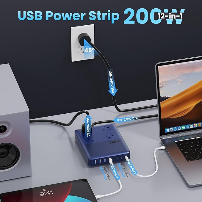 12-in-1 Charging Station USB C Power Strip with 5ft Cord200W GaN IV USB C Charger Block4 AC Outlets8 USB for MacBookiPhone 16/15/14Fast Charging Desktop Charger for Office (A-Blue)