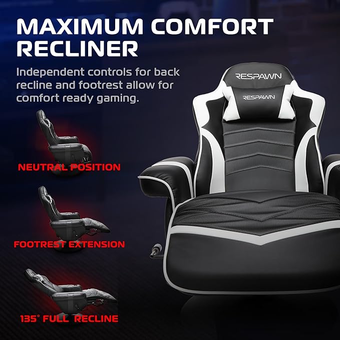 RESPAWN 900 Console Gaming Recliner with Footrest and Lumbar Support - Comfortable Ergonomic Gaming Chair with Headrest No Wheels Reclining Heavy Duty Racing Style Video Game Chairs - White