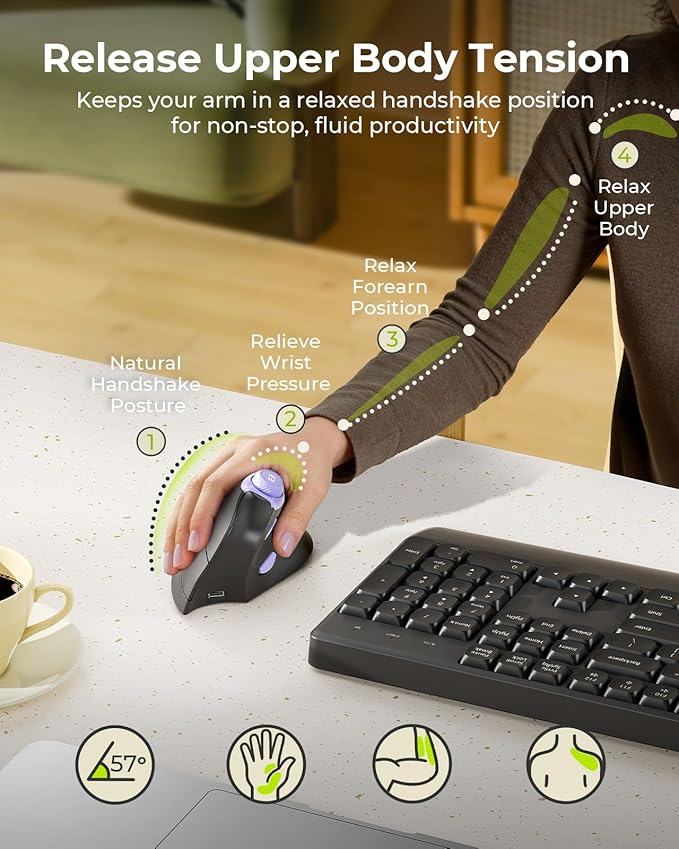 seenda Ergonomic Mouse Wireless MOU-302 Bluetooth Vertical Mouse Rechargeable Optical Mice with 1000/1600/2400 DPI Volume Knob 3 Multi-Device Connectivity for Computer/PC/Laptop/Mac Black Purple