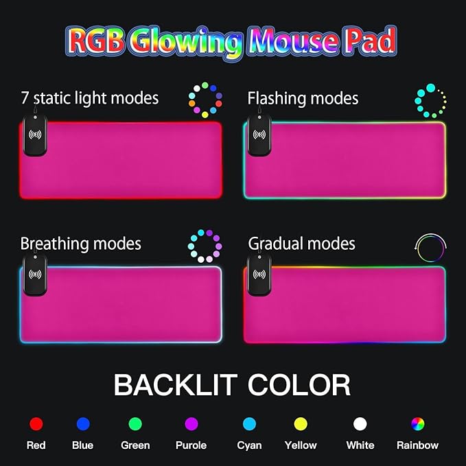 Bright Pink Mouse Pad Gaming Mousepad Non Slip Desk Mat Wireless Charging RGB Computer Mouse Pads Keyboard Pad Mats for Office Home Desktop 35.4 x 15.7 in