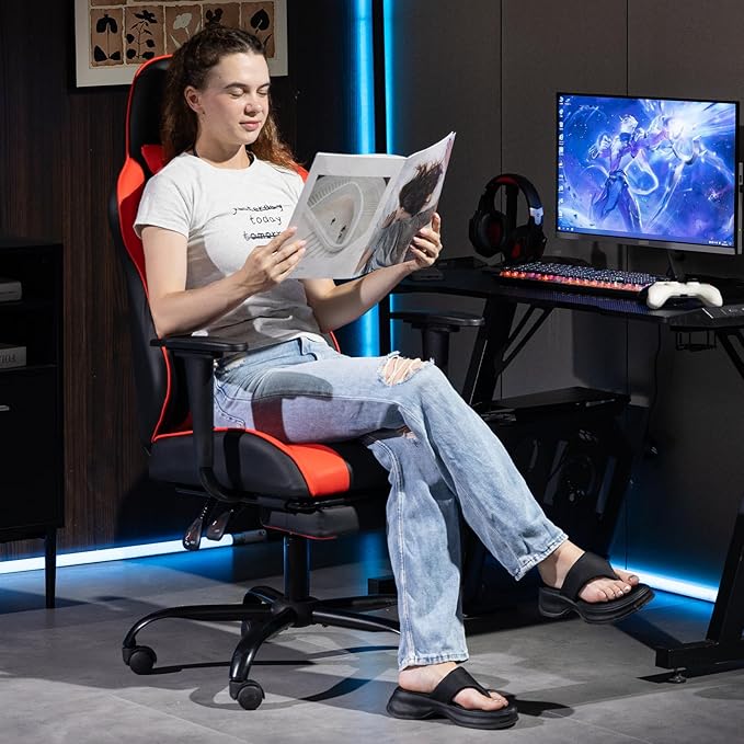 Gaming Chair with Footrest Ergonomic PC Desk Chair with Headrest and Massage Lumbar Support Video Game Chair w/Height Adjustable High Back for Home Office Red