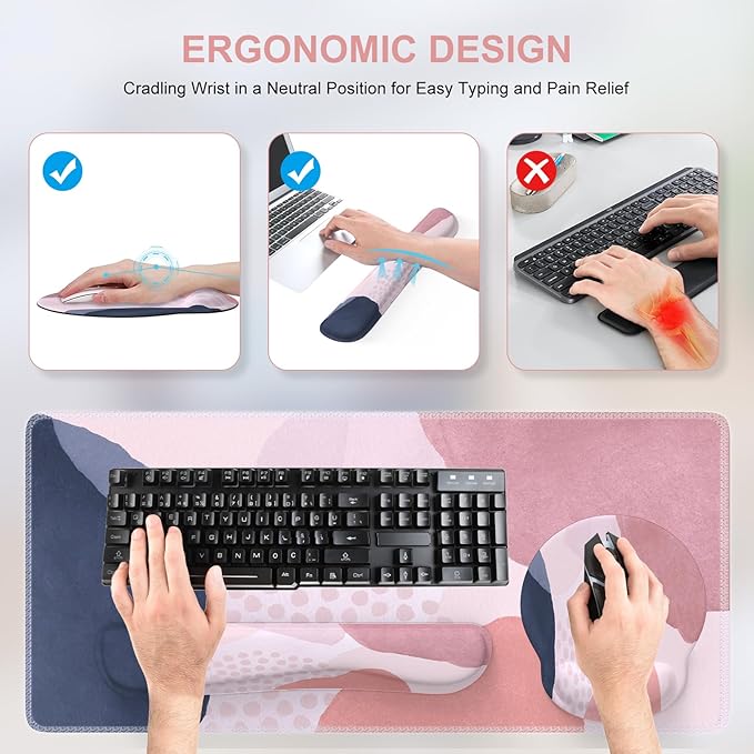 iCasso Desk Mat Gaming Mouse Pad Wrist Support Set XXL Large Mousepad + Keyboard Wrist Rest+Mouse Wrist Rest+Coastert with Ergonomic Design for Home Office Computer (C-Four-Pink-Block)