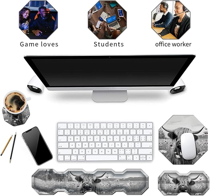 Ergonomic Mouse Pad with Wrist Support Gel and Keyboard Wrist Rest Set + Coaster Cute Mouse Pads Non Slip Rubber Base Mousepad for Computer Laptop Home Office Working GamingHighland Cow Ox Cattle
