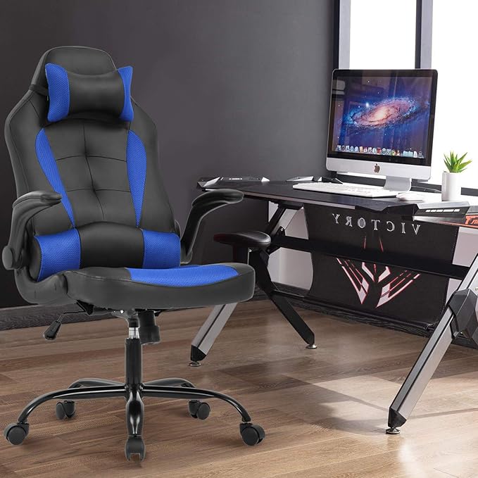 PC Gaming Chair Video Game Chair Racing Style Office High Back Desk Executive PU Leather Rolling Task Swivel Computer with Lumbar Support HeadrestBlue
