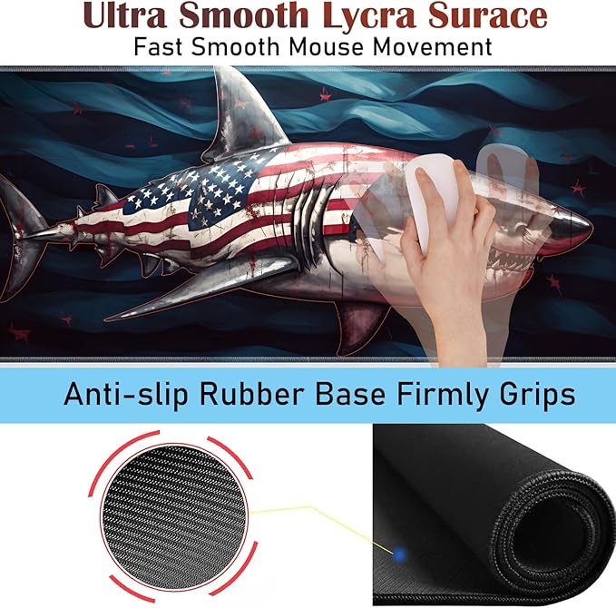 Large Gaming Table Pad 31.5 x 11.8 + Keyboard Wrist Pad + Mouse Wrist Pad + Coaster Non-Slip Base 4-in-1 Set Ergonomic Memory Foam Easy Typing Pain Relief American Flag Shark