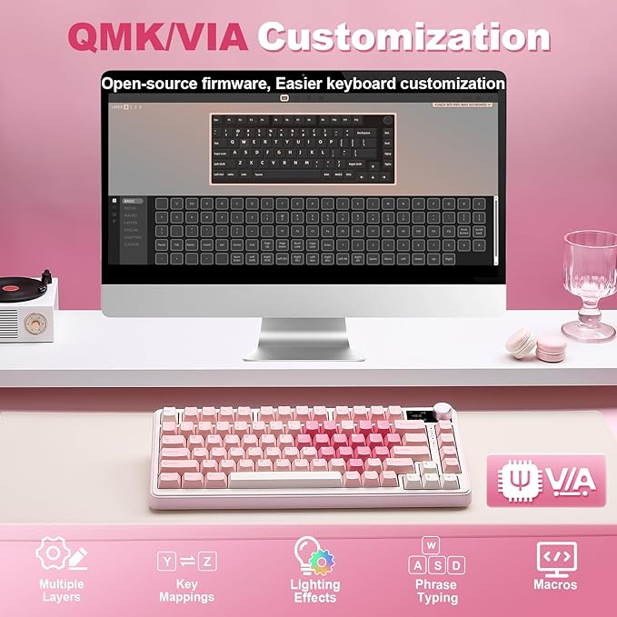 YUNZII B75 PRO MAX QMK/VIA Wireless Mechanical Keyboard75% Layout with Screen and KnobCustom Hot Swap GasketCreamy Pre-lubed SwitchesBluetooth/Type-C/2.4G for Win/Mac (Pink HeartCandy Switch)