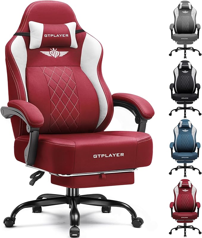 GTPLAYER Big and Tall Gaming Chair Breathable Fabric Computer Chair with Strong Lumbar Support Comfortable Office Chairs with Pocket Spring Cushion High Back Ergonomic Desk Chairs with Footrest