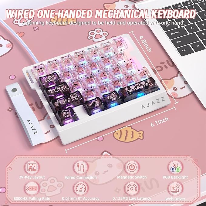A.JAZZ AK029 Wired 29 Keys One-Handed RGB Gaming Keyboard with 8000HZ0.01mm RT Magnetic Switches Adjustable ActuationHotswappable Mechanical KeyboardAluminum PlateWeb Driver for Gamers-Black Pink