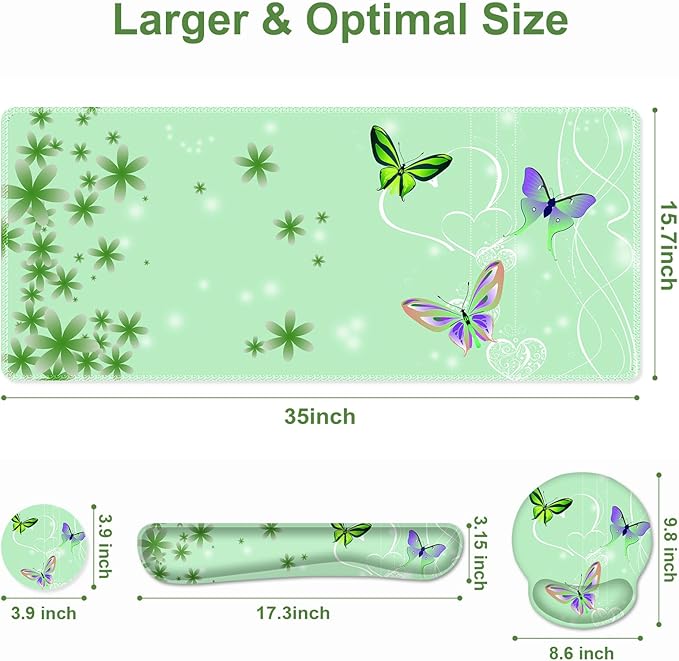 Mint Green Butterflies Florals Mouse Pad XXL Large Desk Mat Extended Reading Desk pad 4PCS Non-Slip Rubber Base Computer Big Mousepads for Work Game Office Home Decor Cute Girls Woemn Gifts