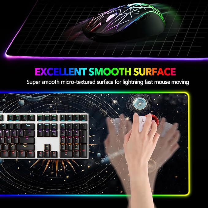 AIMSA RGB Mouse Pad LED Gaming Mouse Pad with 14 Lights Modes Non-Slip Rubber Base Computer Carpet Desk Mat for PC Laptop (35.4 x 15.8 inch) Abstract Solar System
