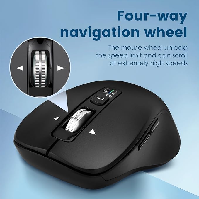 Wireless Bluetooth Mouse (USB + BT1 + BT2) Full Size 4-Way Scrolling Multi-Device Silent Mouse for Computer Laptop iPad MacBook (Black)