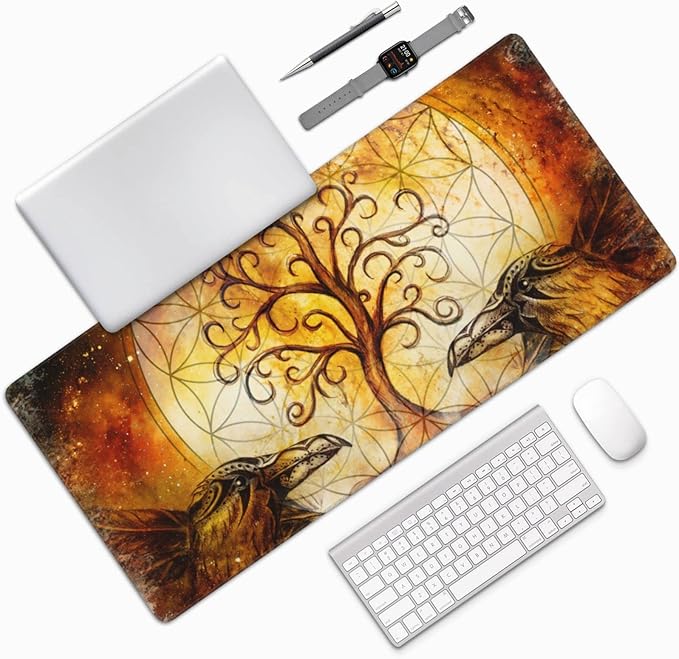 Ravens Tree of Life Large Mouse Pad Gaming Mousepad with Wrist Support Rubber Computer Keyboard Mat for Desk Laptop Non-Slip Full Deskmat Protector Waterproof Writing Pad Office Home 16x35.5 in