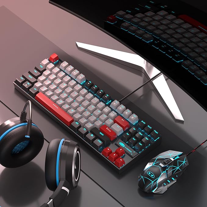MageGee 75% Mechanical Gaming Keyboard Blue Switch LED Backlit 87 Keys Compact TKL Wired Computer Keyboards for Windows Laptop PC Gamer - Grey/Black
