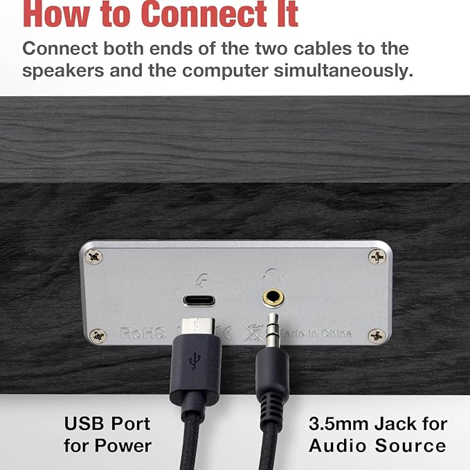 MICA Computer Speakers Vintage Wired Computer Sound Bar Retro Wooden Mini Soundbar USB Powered PC Speakers for Desktop Monitor Laptop Tablet 3.5mm Aux Connection Angled (Gray)