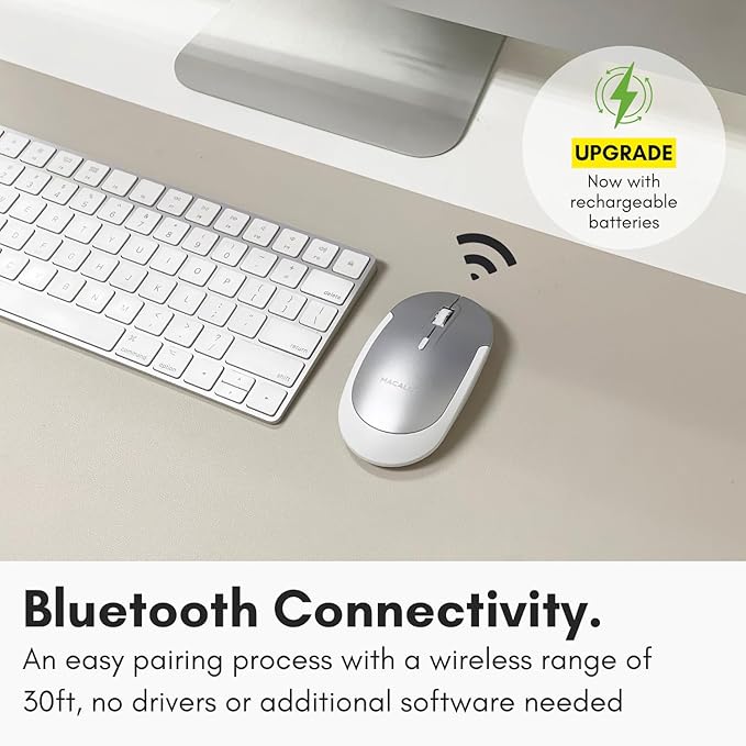 Macally Wireless Bluetooth Mouse for Mac MacBook Pro/Air iPad and PC - Comfortable and Quiet Compatible Wireless Apple Mouse - Rechargeable Battery - Silver