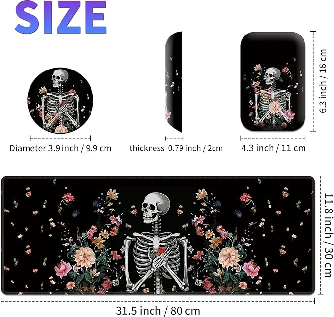 Large Mouse Pad Set Desk Mat + Elbow Rest Pad + Coaster Easy Typing Pain Relief Ergonomic Arm Rest Pad with Memory Foam Extended Desk Pad Anti-Slip Rubber Base for Office Home Floral Skull