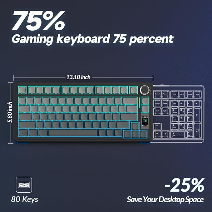 AULA S75 PRO Wireless Mechanical Keyboard with Screen&ampKnob Tri-Mode Hot Swappable Gaming Keyboard 75% Pre-lubed Switches RGB Backlit Side Printed PBT Keycaps Creamy Sounding Computer Keyboard