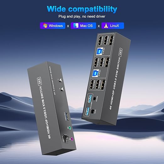 4K KVM Switch 3 Monitors 2 Computers Triple Monitor Displayport 2HDMI USB 3.0 KVM Switches 4K@60HzSupport Extended/Mirror Mode Share 3 USB 3.0 Ports with EDID Adaptive 2*USB Cables and Controller