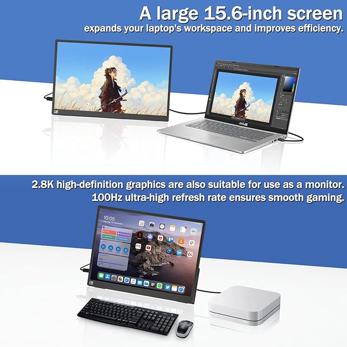Portable Monitor Touchscreen 15.6 2.8K Laptop Screen Extender 2880x1620100Hz100％sRGBw/45° Adjustable Standmini HDMI USB-C Computer Display for Laptop PC Phone Mac