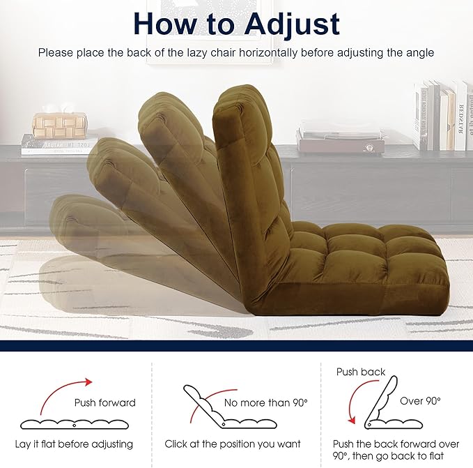 Floor Chair 24 inches Wide Oversized Velvet Armless Lay Flat Floor seat Padded Meditation Chair with 6 Adjustable Position Ergonomic Comfortable Convenient (Modern LRSF-014-TAN)