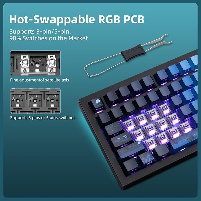 ZORNHER ZH870 Wireless Mechanical Gaming Keyboard80% Blue Custom Creamy Sound Keyboard with Lighted Up Dye Sublimation PBT KeycapsPre-lubed Linear SwitchesHot-SwappableRGB Backlit