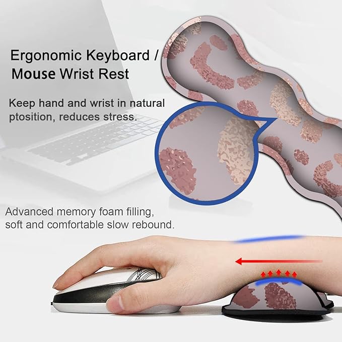 Rose Gold Leopard Pink XXL Mouse Mat - 31.5x11.8in Waterproof Gaming Mouse Pad with Ergonomic Memory Foam Wrist Rest Support for Home Office