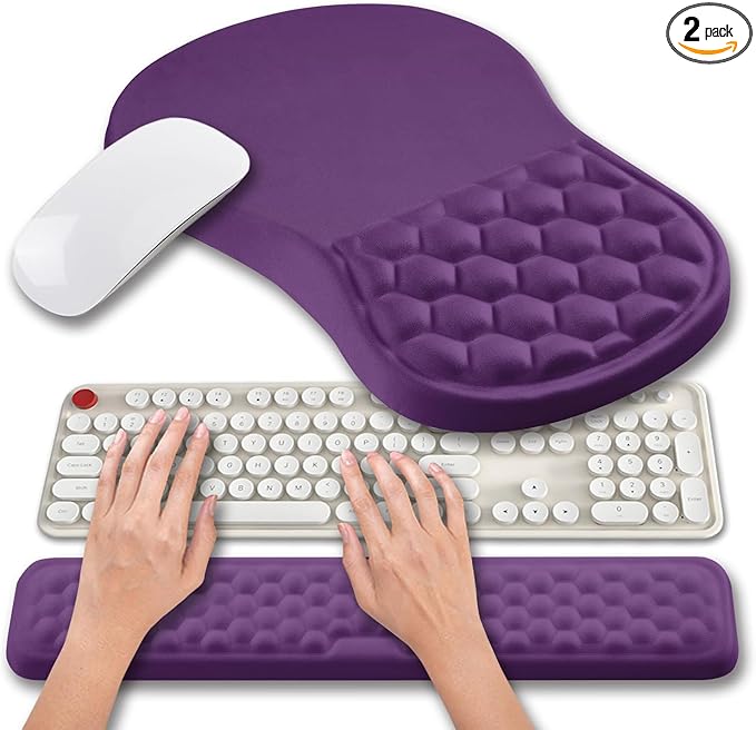Hokafenle 2 in 1 Ergonomic Mouse Pad Wrist Support &amp Wrist Rest for Computer Keyboard Set with Relieve Carpal Tunnel Pain Massage Bulge and Full Memory Gel Design (2In1 Set Dark Purple)