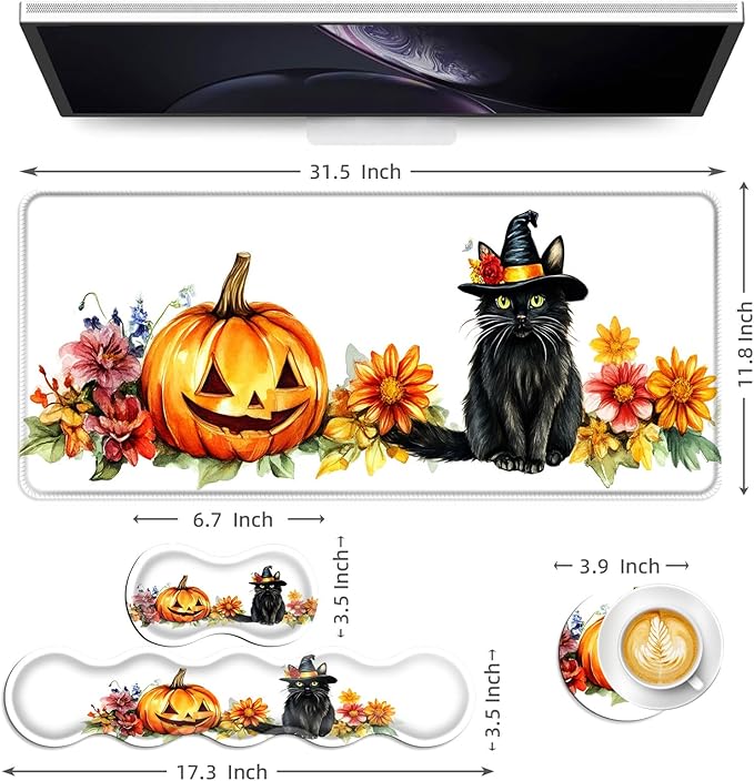 Keyboard Mouse Pad Set Extended Gaming Mouse Pad+Ergonomics Keyboard Wrist Rest Support Memory Foam Easy Typing Pain Relief 4Pcs XL Ultra Thick Desk MatHalloween Pumpkin Black Cat