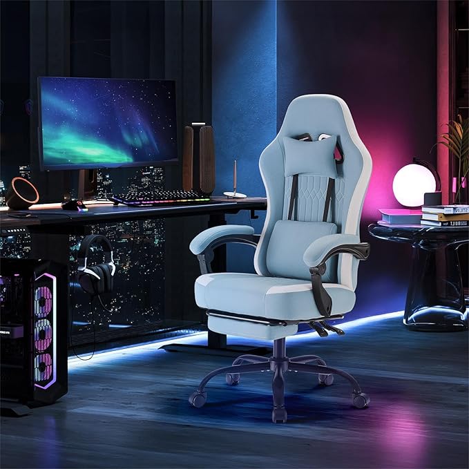 Sweetcrispy Video Game Chair - High Back Ergonomic Computer Desk Chair with Footrest &amp Lumbar Support Height Adjustable Task Chair with Linkage Armrests and Headrest 360° Swivel Wheels Blue