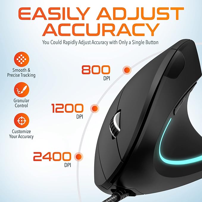 Delton S12 Ergonomic Vertical Wired Mouse 6 Buttons 3 Adjustable DPI Levels (800/1200/1600) &amp 3D Scroll Wheel Compatible for PC Laptop Mac Chromebook - Black
