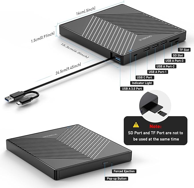 External CD DVD Drive Ultra Slim CD Burner USB 3.0 with 4 USB Ports and 2 TF/SD Card Slots Optical Disk Drive for Laptop Mac PC Windows 11/10/8/7 Linux OS with Carrying Case