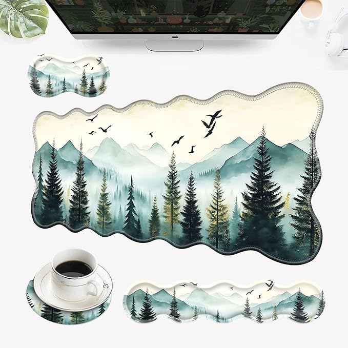Desk Mat Mouse Pad with Wrist Rest 4-in-1 Large Mouse Pads for Desk Ergonomic Mouse Pad and Keyboard Wrist Rest Gaming Keyboard Mat for OfficeMisty Forest and Mountain