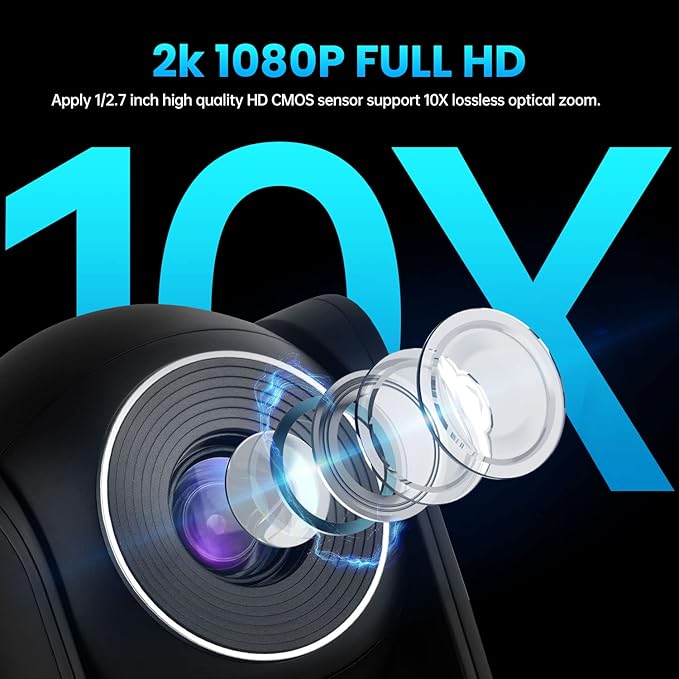 ROCWARE RC20 PTZ Camera [USB Output &amp AutoFocus] Video Conference Camera with 10X Optical Zoom 16X Digital Zoom [Low-Light &amp White Balance Correction] 2K 1080P Full-HD Live Streaming Webcam