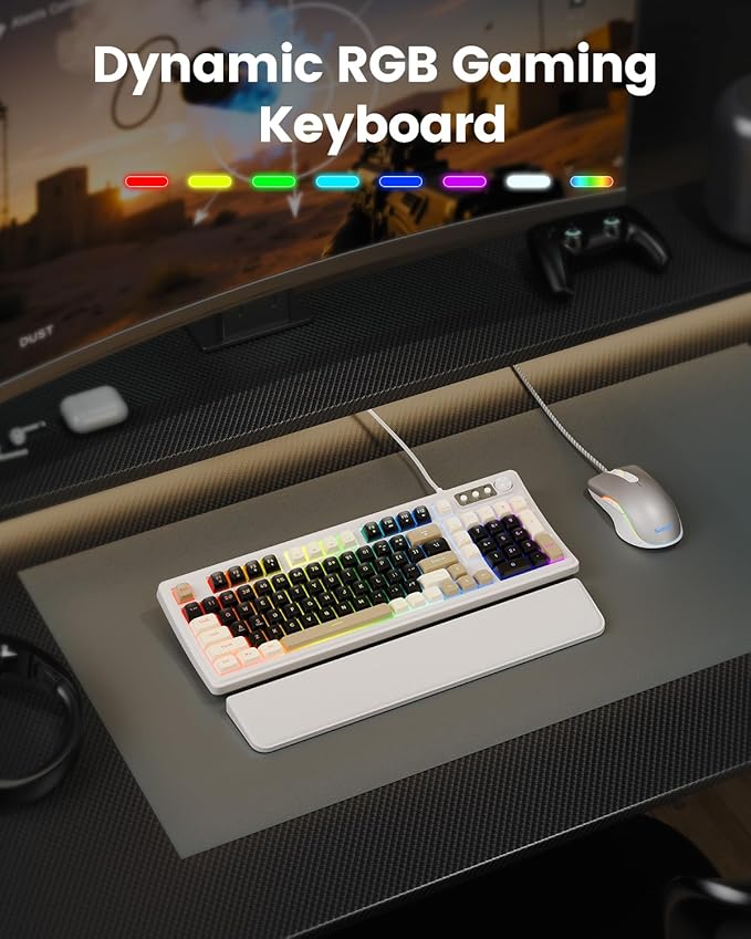 SABLUTE Wired Gaming Keyboard and Mouse RGB Backlit Mechanical Feel PC Gaming Keyboards Multimedia Knob&amp Anti-Ghosting Ergonomic Premium Leather Wrist Rest for Game (White)