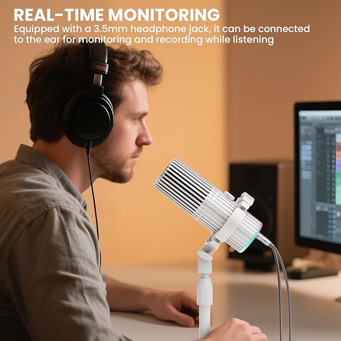 BASN USB/XLR Dynamic Microphone for Podcasting Live Streaming Gaming Recording with RGB Mute Button Headphone Monitoring and MIC Stand (White) SL2000
