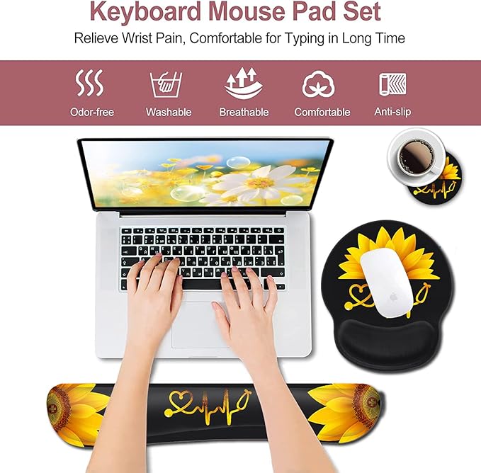 Ergonomic Wrist Protection Mouse Pad Wrist Guard and Keyboard Wrist Rest Non-Slip Rubber Base Mouse Pad Sunflower and ECG Stethoscope Pattern Personalized Fashionable Black Office Accessories