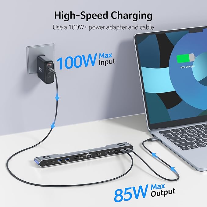 Acer Docking Station 3 Monitors 11-in-1 Laptop Docking Station Stand with DP 8K + Dual HDMI 4K@60Hz Ethernet 10Gbps Data 100W PD SD/TF USB C Dock with Detachable Cable for Acer/Dell/Mac/HP