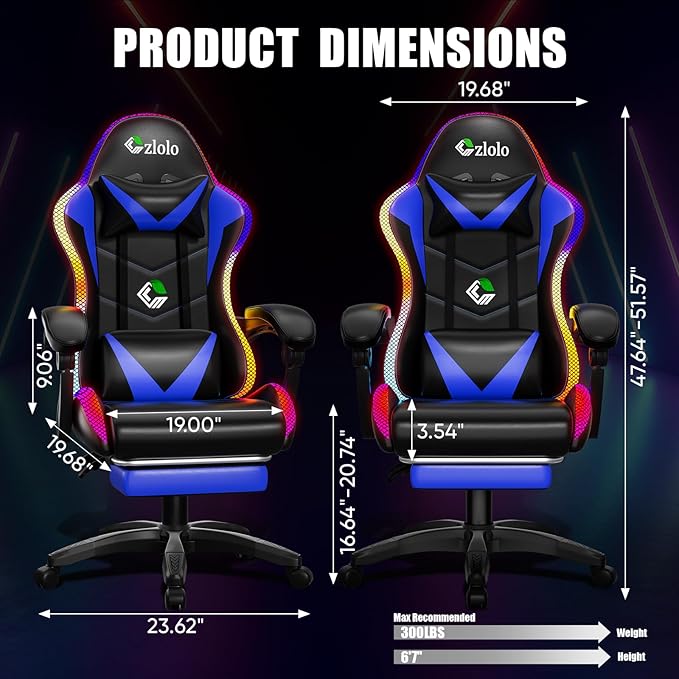 Gaming Chair Racing Style RGB LED Lights Gaming Chairs for Adults and Kids Lumbar Massager Gamer Chair High Back Reclining Computer Chair with Footrest and Headrest (Black/Blue)