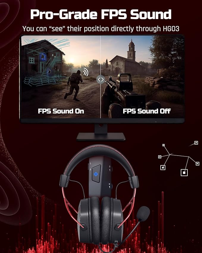 NUBWO HG03 USB-A Gaming Headset with 7.1 Surround and FPS Sound Wired Headphones with Noise Canceling Mic Comfortable Design for PC Laptop - Black Red